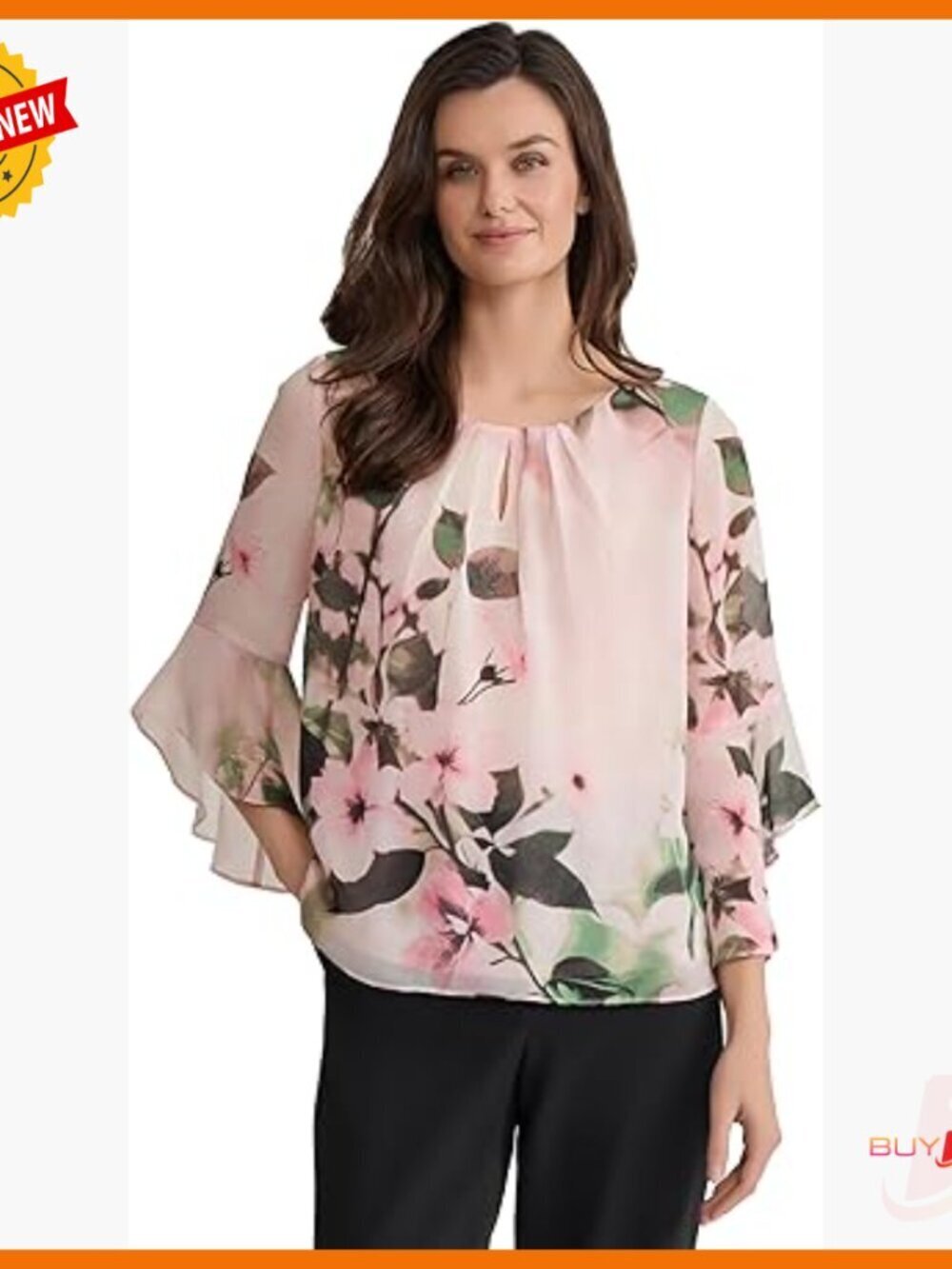3/4 Sleeve Printed Keyhole Top, Lightweight Wrinkle-Resistant Polyester